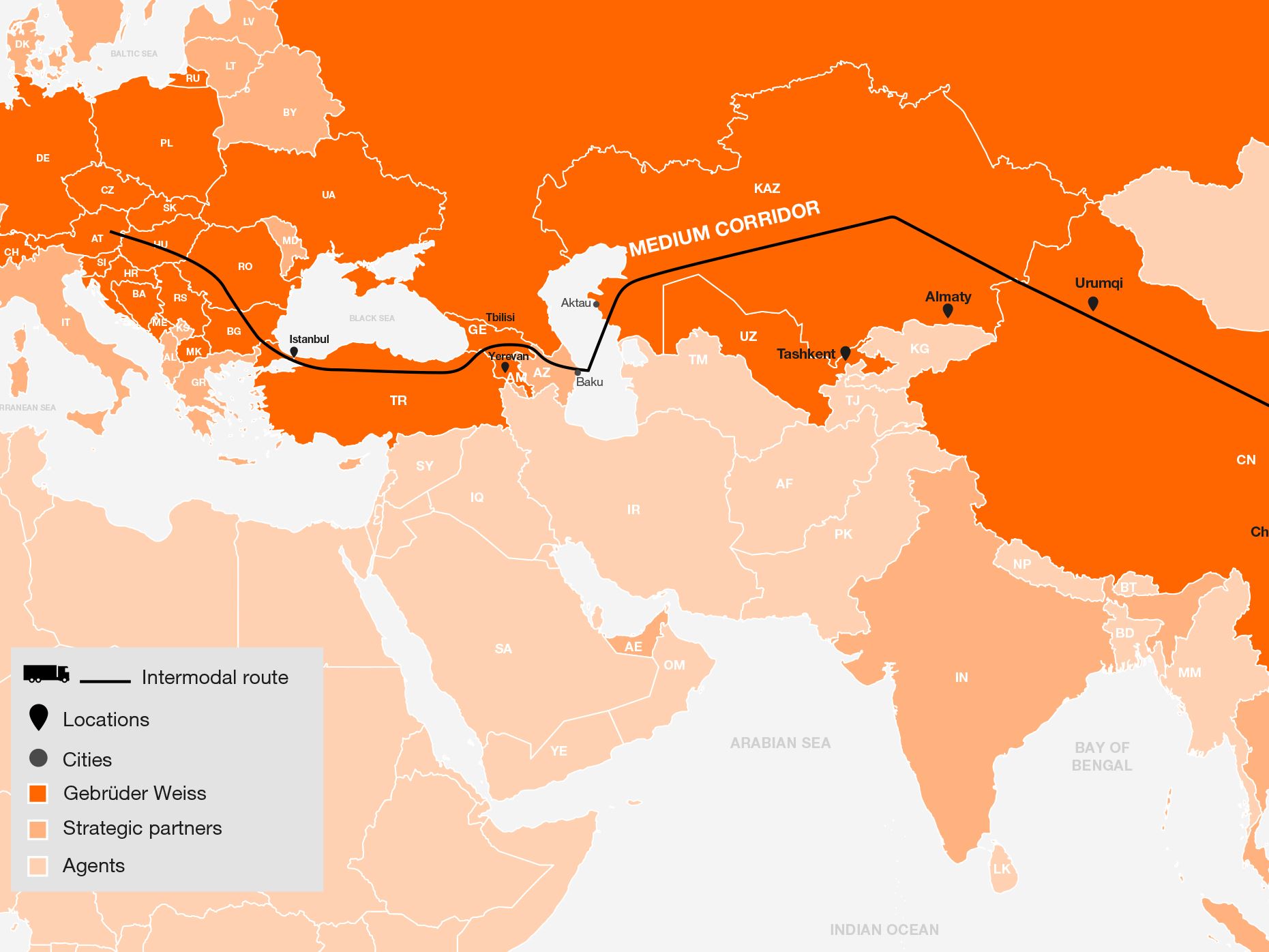 Slideshow Bild - Die Transportrouten liegen auf dem Mittleren Korridor zwischen Zentraleuropa, der Türkei, Georgien, Aserbaidschan, Kasachstan und China. (Quelle: Gebrüder Weiss)